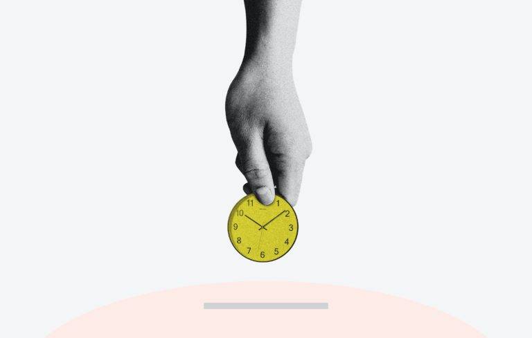 Time-saving art. A hand is placing a clock into a piggy bank.